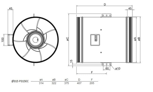 Viftemotor EC Ø315 mm 3784 m³/t – Kanalvifter