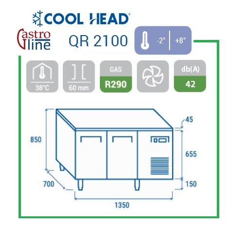 Kjølebenk 2 dører QR2100 -2 / +8°C Kjølebenk 2 dører QR2100 -2 / +8°C – Cool Head