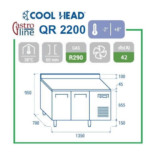 Kjølebenk 2 dører med oppkant QR 2200 -2 / +8°C Kjølebenk 2 dører med oppkant QR 2200 -2 / +8°C – Cool Head