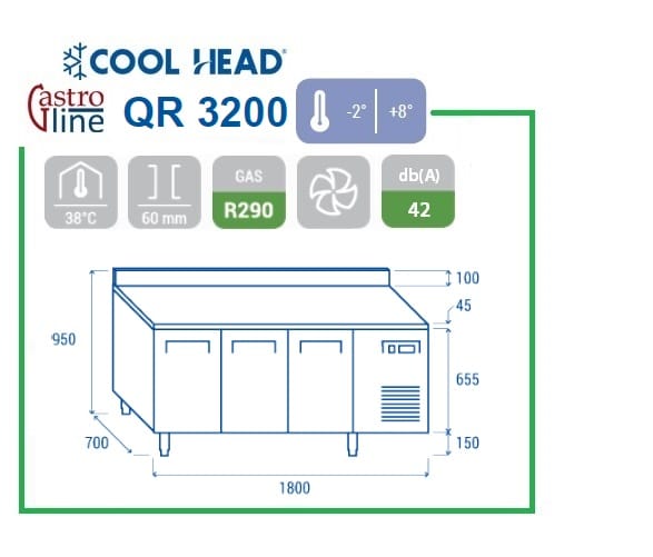 Kjølebenk 3 dører med oppkant QR 3200 -2 / +8°C Kjølebenk 3 dører med oppkant QR 3200 -2 / +8°C – Cool Head
